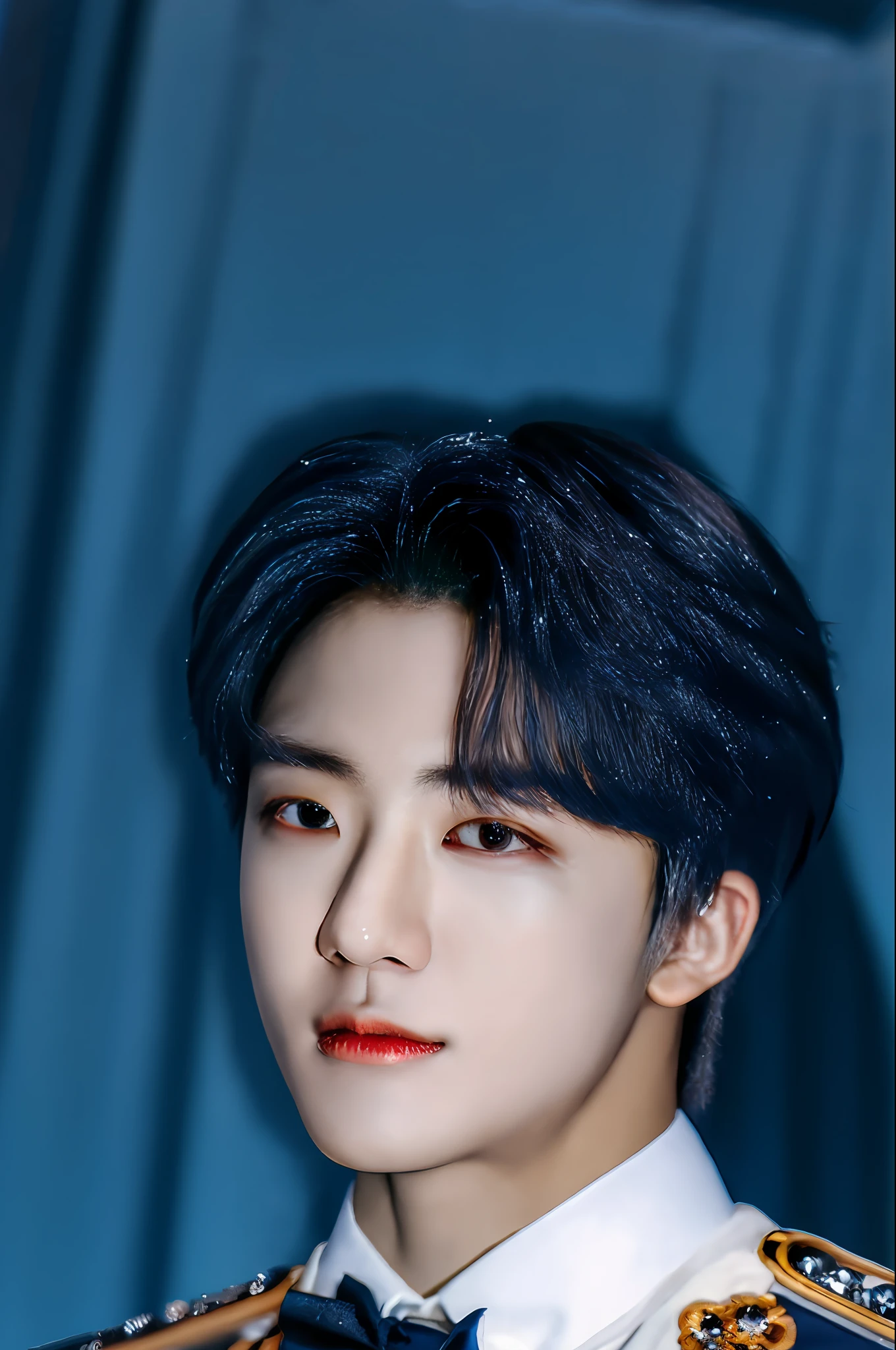jaemin, front facing, twink, parted lips, (dark navy hair:1.2), dark navy prince regal outfit, (ultra realistic:1.2), (close up:1.2), (gothic european castle background:1.2), (intricate:1.2), (looking at viewer:1.2), male focus, 1male, solo,