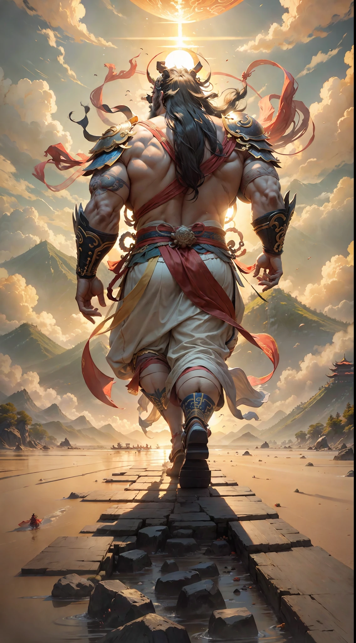 Father chasing the sun, ancient Chinese lux dressed up, burly huge body, thick hands and feet, standing in front of the sun, running with his back to me, the mountain is not yet his knees, the sea water is not yet his ankles, ((back view)), ((Chinese mythology)), high quality, super fine, detailed, accurate, (masterpiece), master work, (16k resolution), movie lighting, dynamic perspective