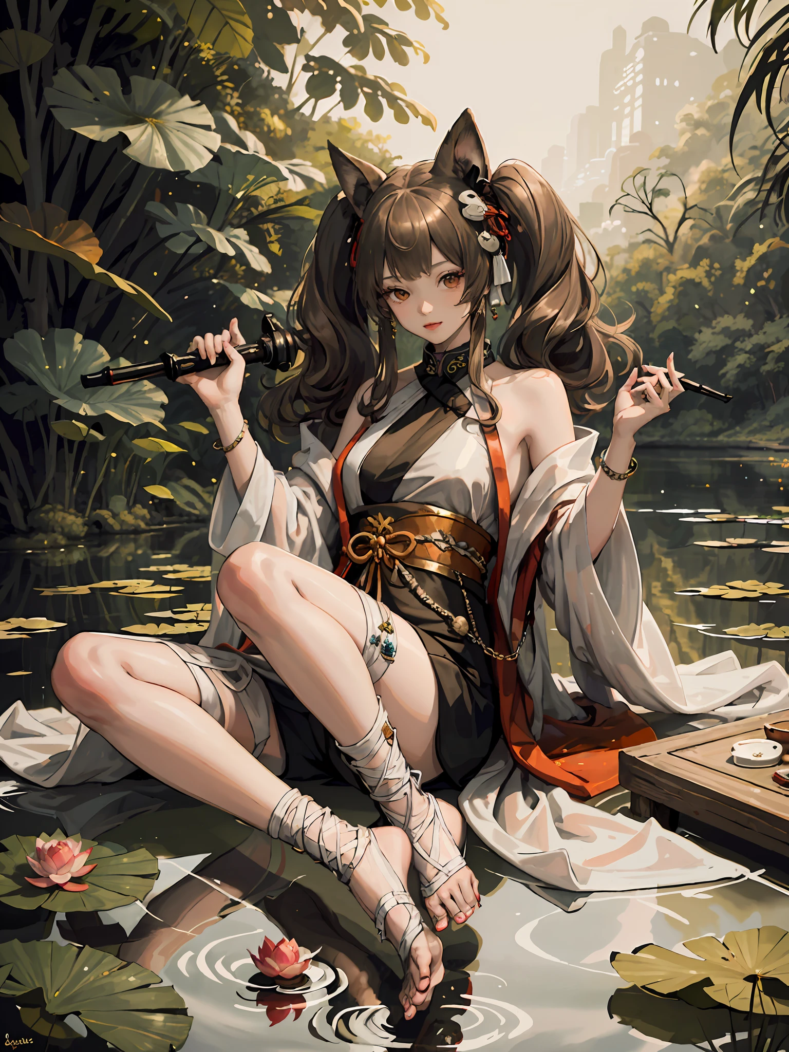 absurdres, highres, ultra detailed, (1girl:1.3), hand drawn, simple line, 16yo girl in colorful Chinese Hanfu, beautiful girl with fox ears, lying in the huge lotus leave, at the lotus pond, masterpiece, sitting in water, floating clothes, floating hair