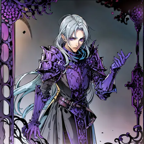 Young guy with long gray hair, purple eyes, wearing leather armor