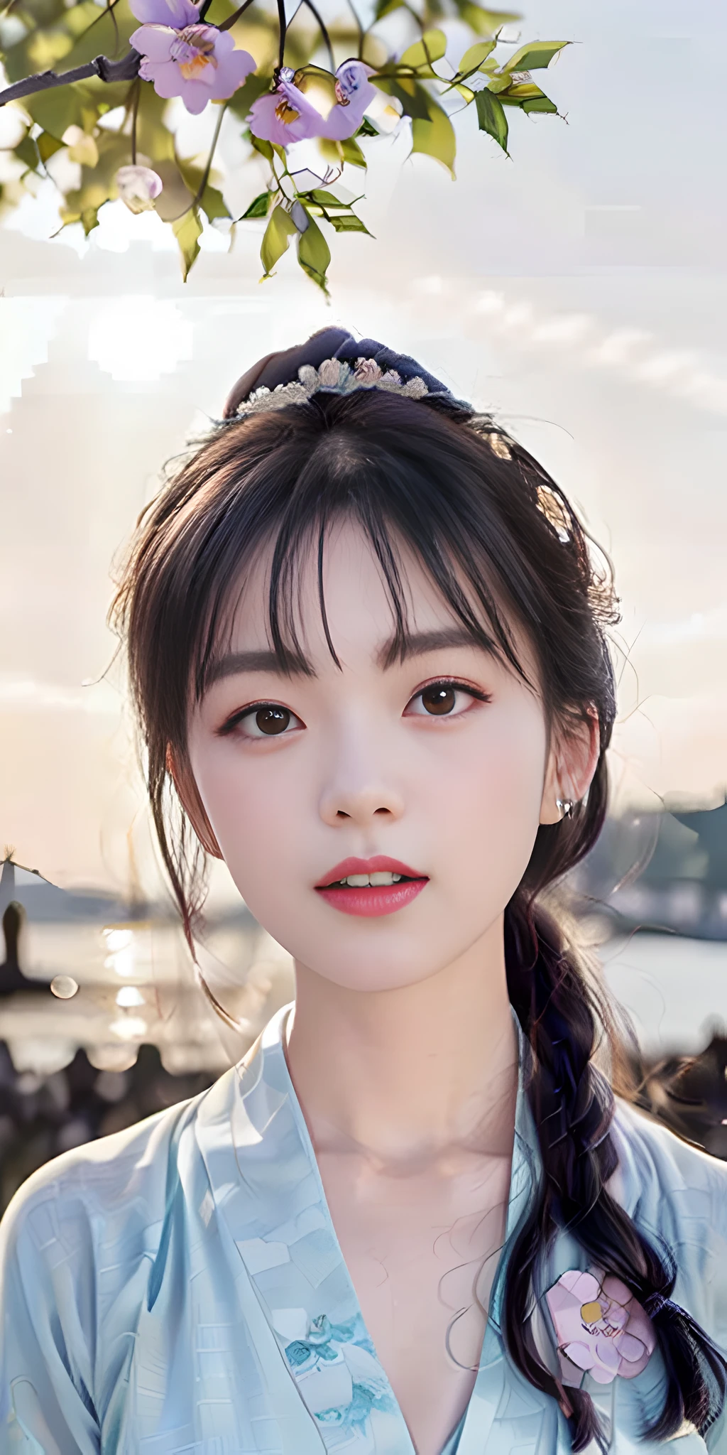 masterpiece, black_hair, 1 girl, looking at the audience, long_hair, nail_polish, solo, ancient art, Chinese,(8k, best quality, masterpiece:1.2), (realistic, realistic:1.2), (background sky: 1.2), (face close-up: 1.7), looking at the audience, hanfu, 1girl, (purple flower pine ink: 1.1), face close-up, detailed face, hanfu, song, long shan, pleated skirt，cinematic lighting, motion blur, ray tracing, god rays, bloom, drop shadow, close-up, lens flare, UHD, masterpiece, ccurate, anatomically correct, textured skin, super detail, high details, high quality, award winning, best quality, highres, 16k, HD, face close-up, close-up, close-up, accurate, correct hand, (anatomically correct: 1.5),