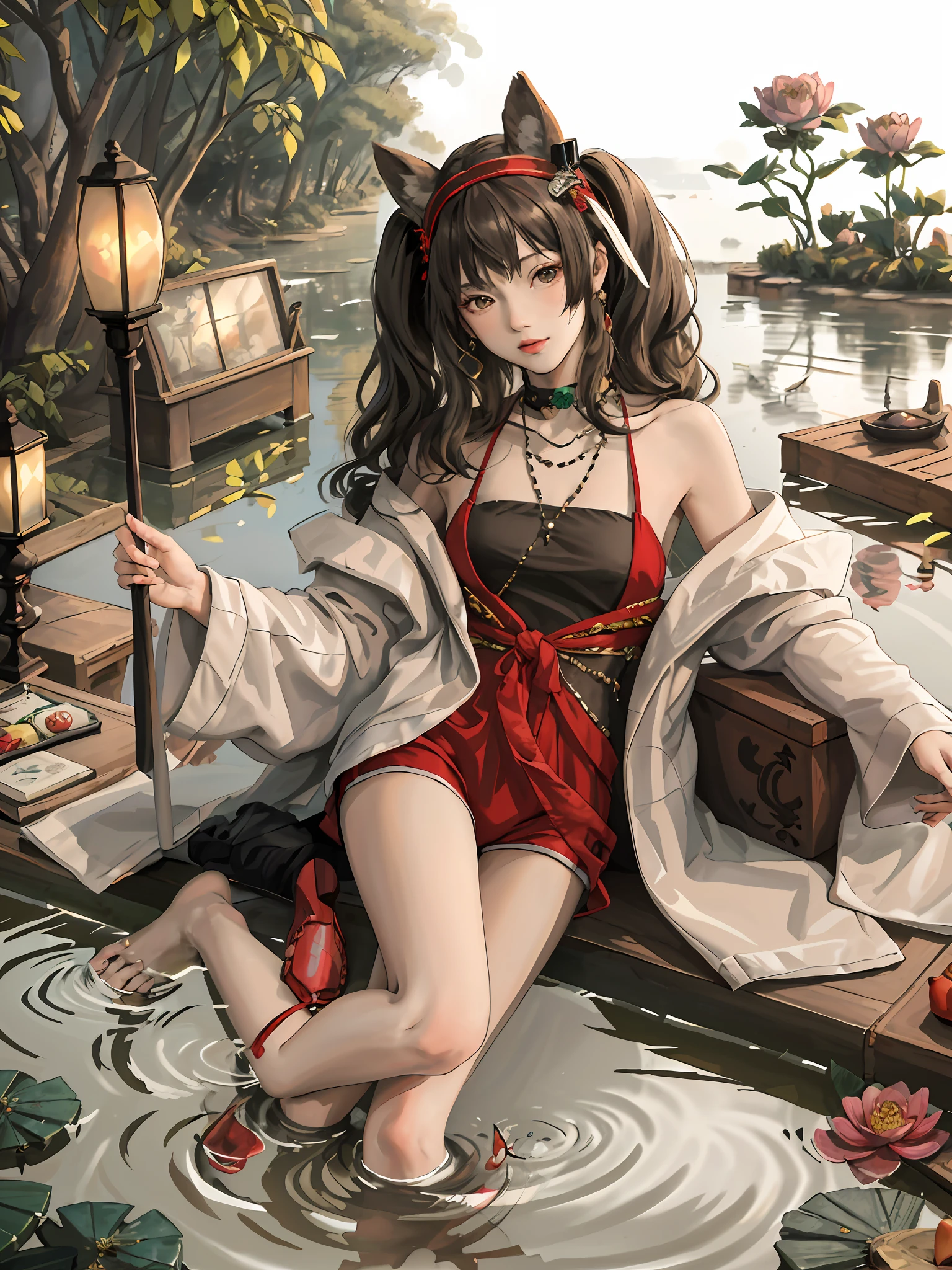 absurdres, highres, ultra detailed, (1girl:1.3), hand drawn, simple line, 16yo girl in colorful Chinese Hanfu, sexy girl with fox ears, at the lotus pond, masterpiece, sitting in water, floating clothes, floating hair