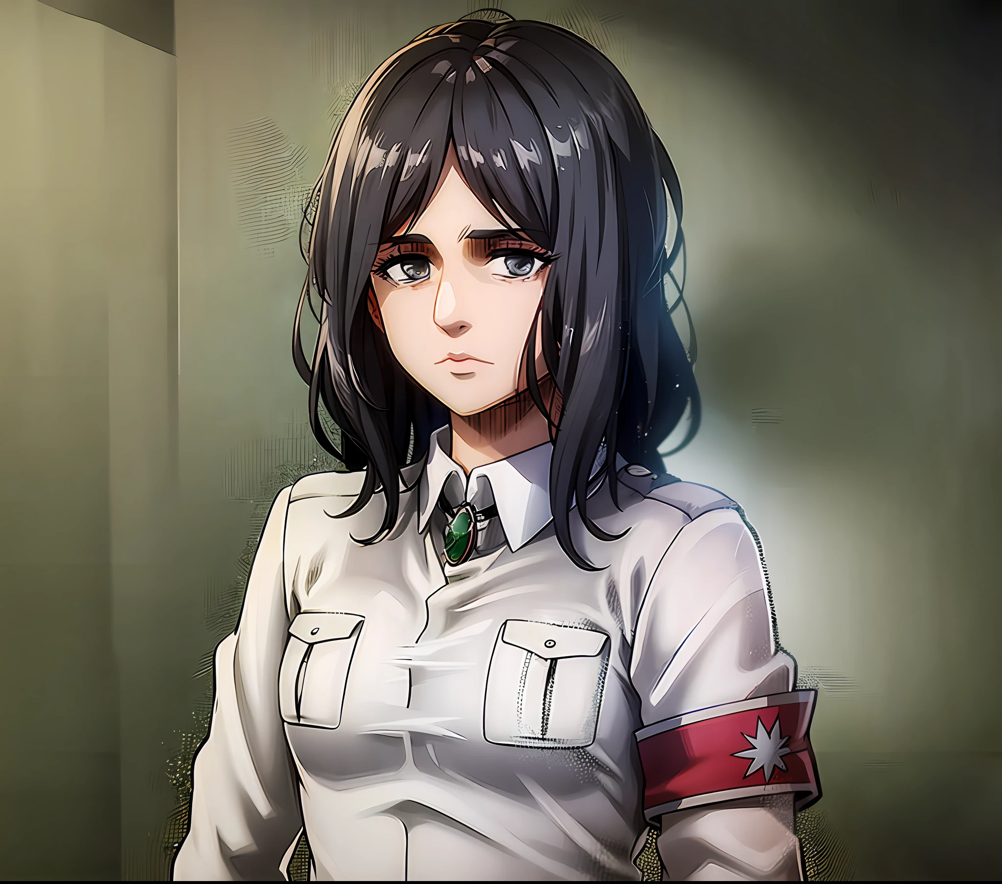 looking_at_viewer， 衬衫， 夹克，巨乳，丰满， white_shirt， paradis_military_uniform， 微笑， upper_body， black_background