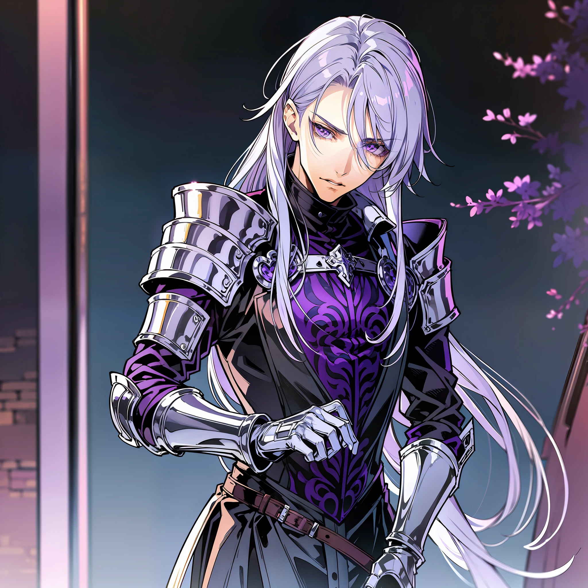 Young guy with long gray hair, purple eyes, wearing leather armor