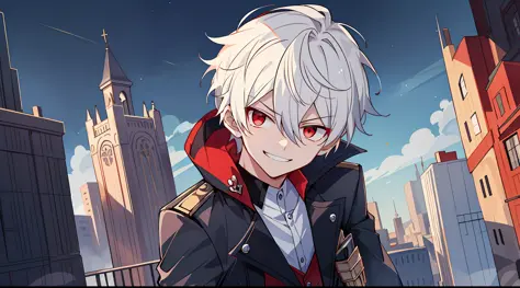 ((masterpiece)),(((best quality))), (high-quality, breathtaking), (expressive eyes, perfect face), 1boy, solo, male, short, young, small boy, short white hair, red eyes, on top of building, night, buildings, phantom thief, wear short shorts, smirk