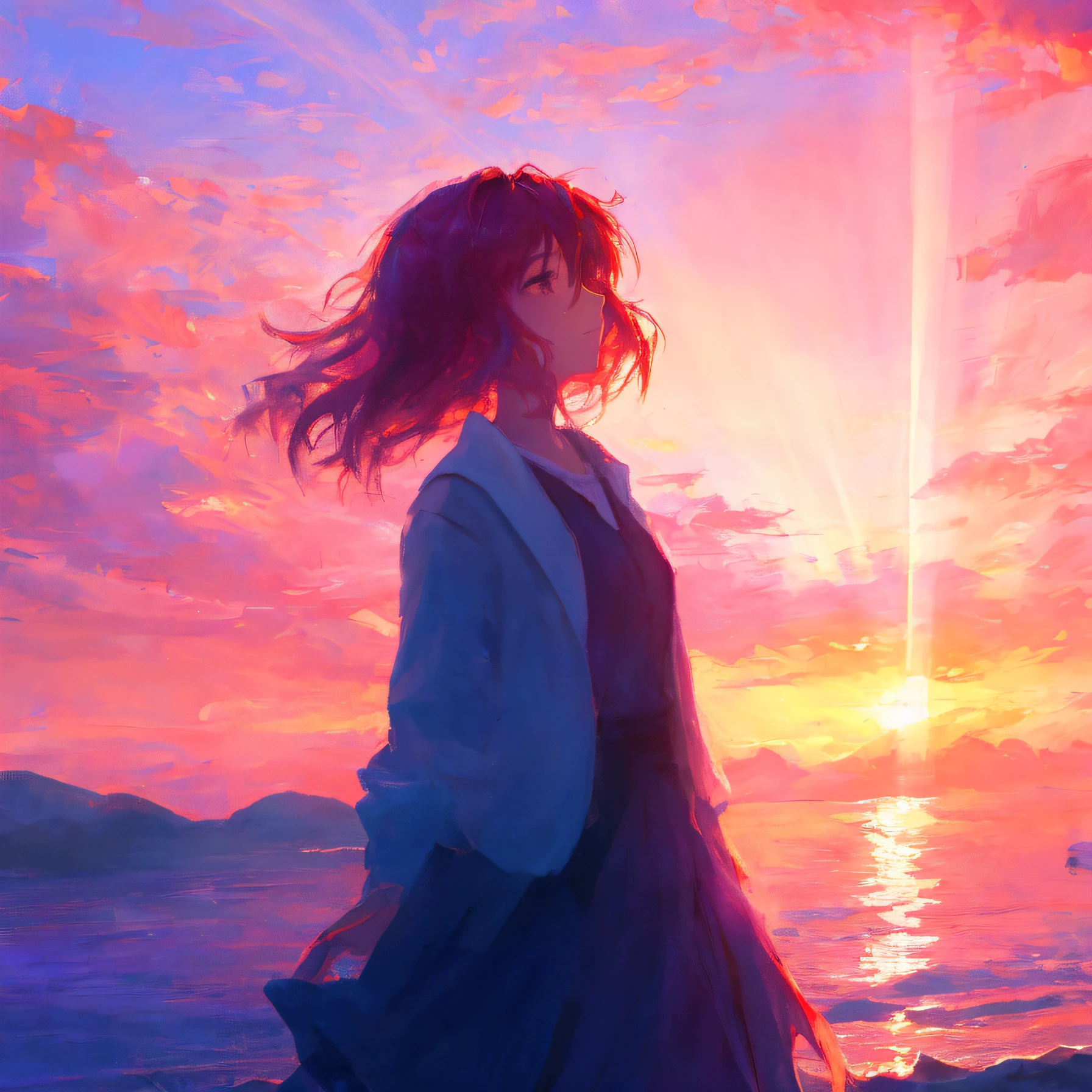 blue sky, pink sky,  sunrise, (person:0.8),
dreamlike, 
digital painting, best quality, masterpiece, impressionism, vibrant colors, volumetric lighting, soft light, diffused lighting,  radiant light rays,