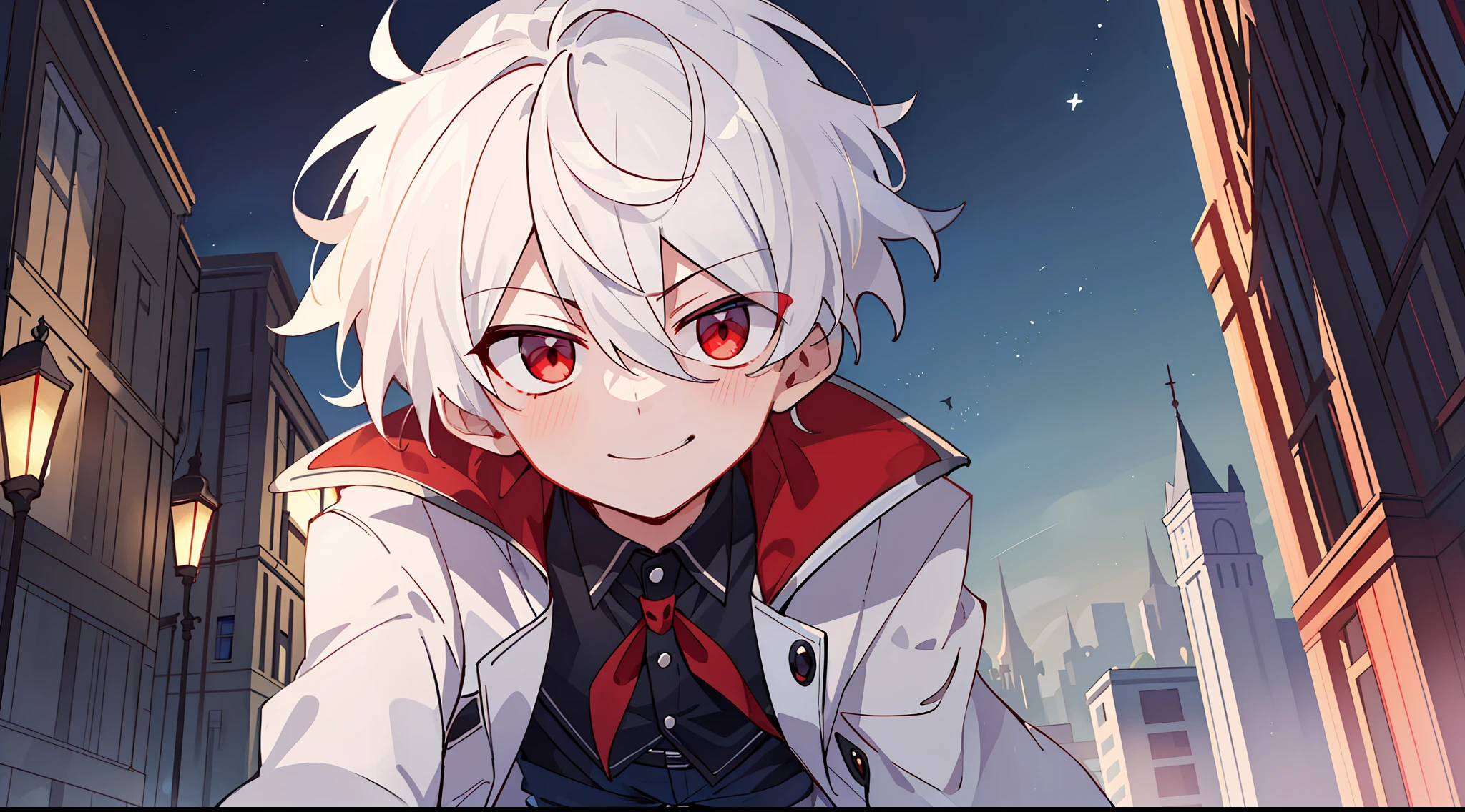 ((masterpiece)),(((best quality))), (high-quality, breathtaking), (expressive eyes, perfect face), 1boy, solo, male, short, young, small boy, short white hair, red eyes, on top of building, night sky, dark, buildings, phantom thief, wear short shorts, smirk