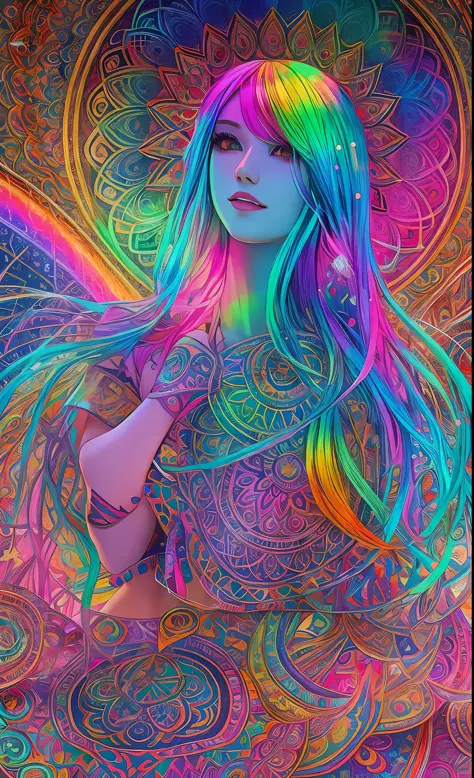 Masterpiece, Best Quality, Girls, Slender, Rainbow Color Eyes, Hair Color, Iridescent, Long Hair Spreading, White Skin, Medium, Pretty, Sexy, Halo, Near Future, Bikini, Skin Exposed, Night, Psychedelic, Trip, Extreme Color, Paisley, Highly Colored, Mandala...