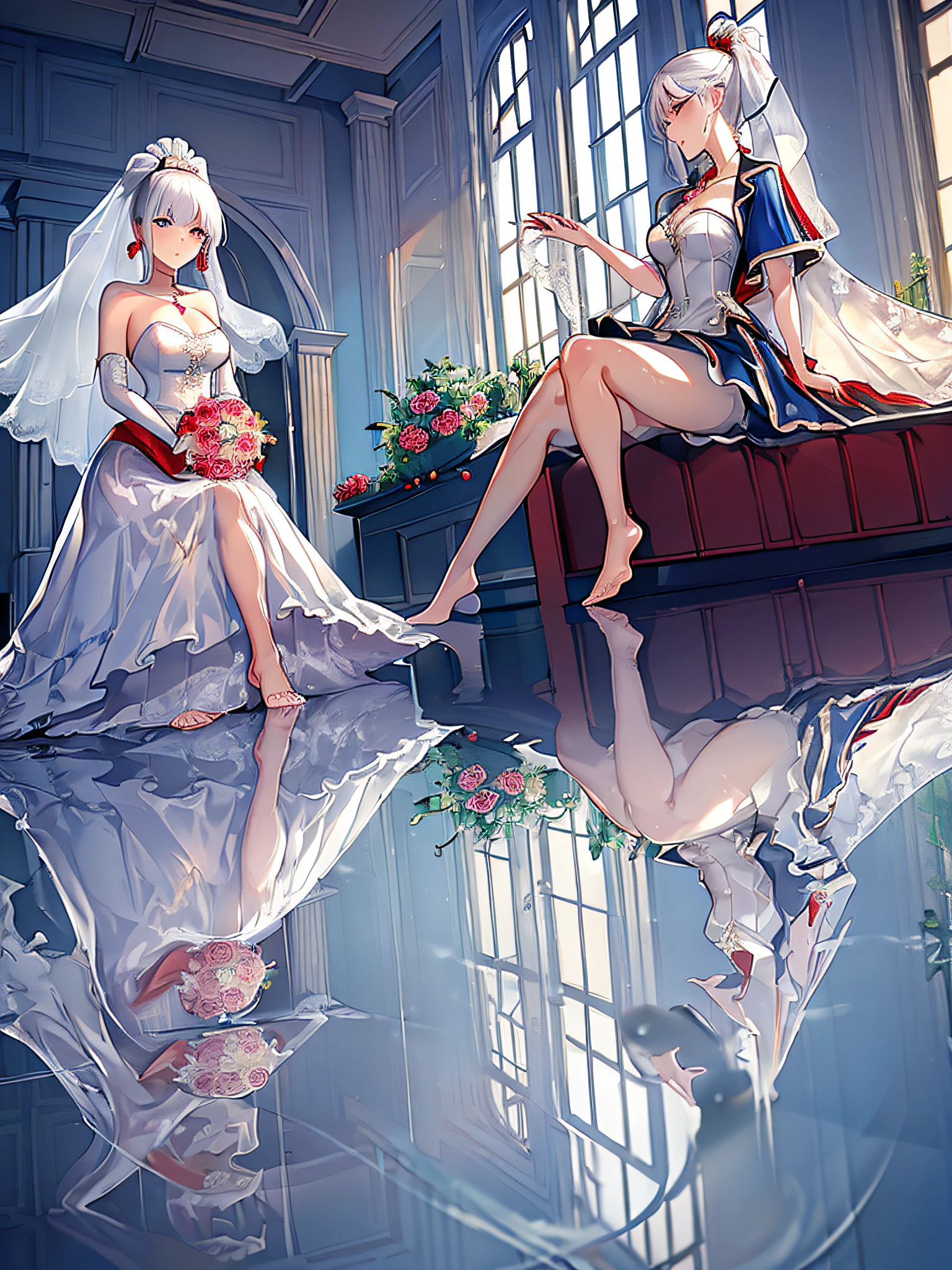 ((Best Quality, 8K, Masterpiece: 1.3)),1 girl, mature and charming woman, white hair, coming out of the bathroom, feet,Dripping hair, getting dressed,room,(Wedding dress:1.5),Red knot,church, flower ball,Ponytail, blue,Red ribbon,Reflection,