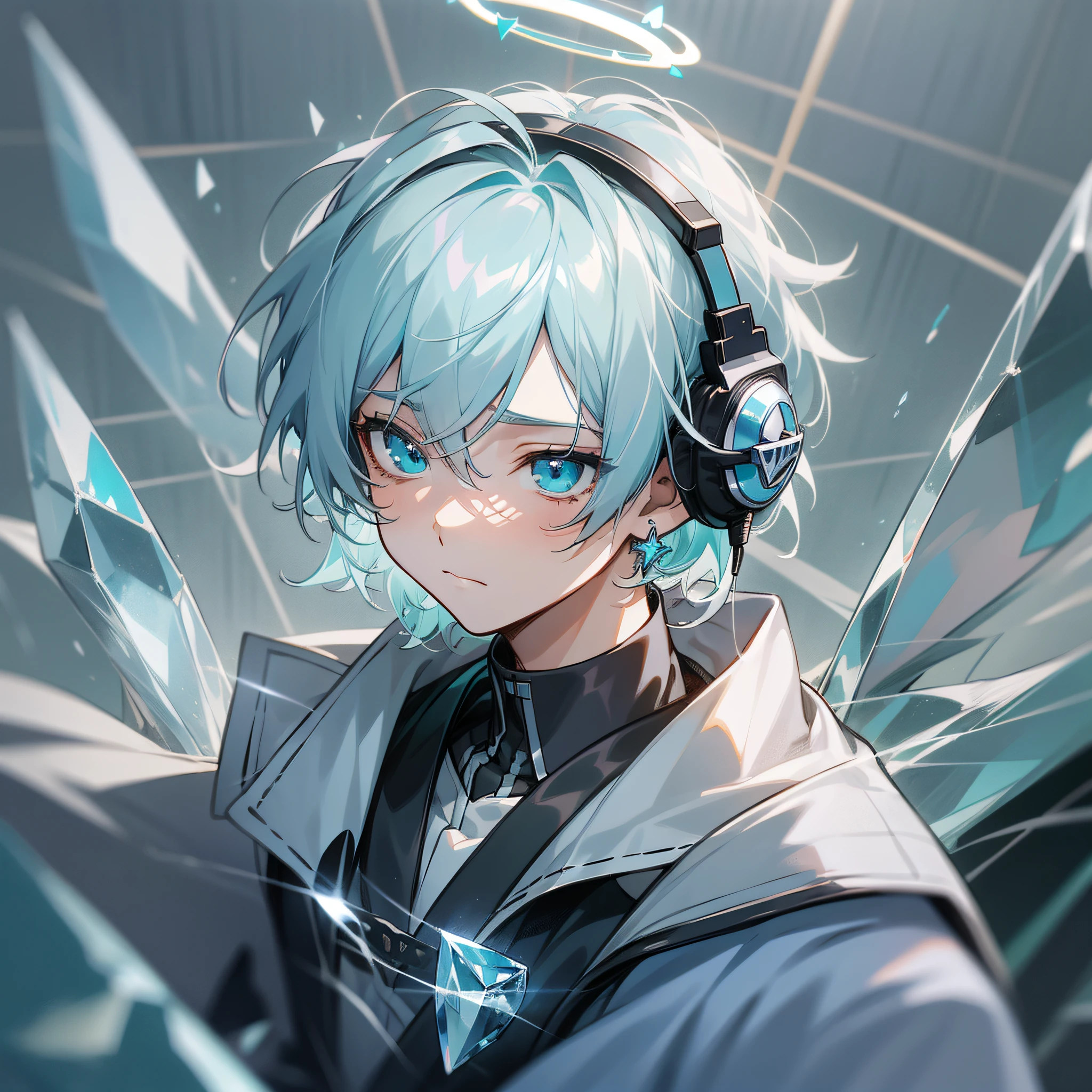 A sadness picture with 1boy dresses like a fallen angel, comma hair, sadness eyes, light blue hair, silver hair, halo, headphones, aqua eyes, crystal earrings, sad, anime, illustration, motion blur, high details, best quality, 4K