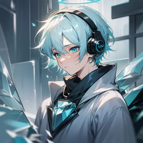 A sadness picture with 1boy dresses like a fallen angel, comma hair, sadness eyes, light blue hair, silver hair, halo, headphone...