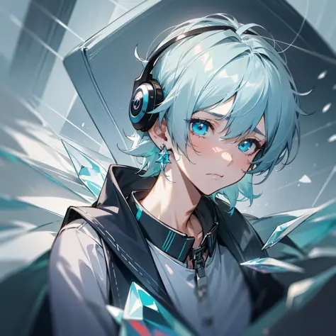 A sadness picture with 1boy dresses like a fallen angel, comma hair, sadness eyes, light blue hair, silver hair, halo, headphone...