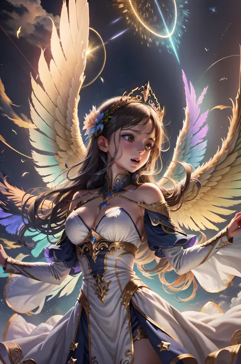 Describe a scene of a group of archangels flying in the sky, creating a magical light show. They are celebrating a great victory over an evil threat. Its wings glow with vibrant colors
