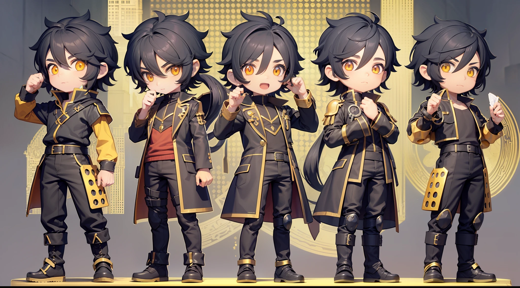 sprite of an adventurous boy, (black hair), (golden eyes), (Human), chibi adventurer outfit, in 3d, in several positions in the same image, background removed