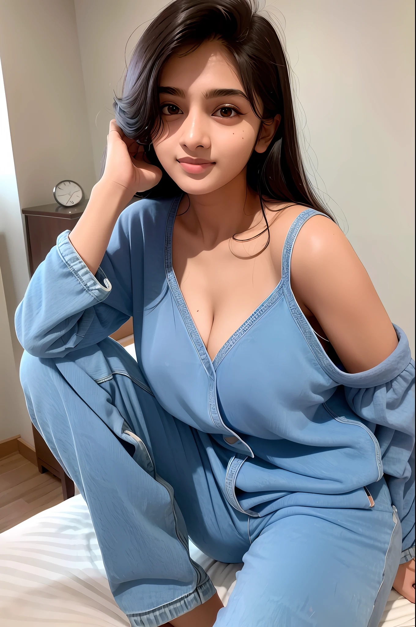 sexy 20 Years old Indian girl ,hot sexy Pajamas,pretty face , bra up, half  jeans - SeaArt AI