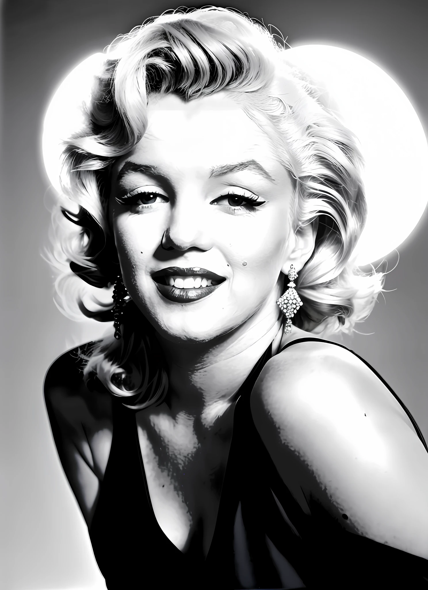 COLOR photo of Marylin Monroe, the goal of the photo shoot is to show the style and personality of the model, wearing casual clothes and assorted accessories. The scenery is a white background, illuminated by two side flashes and a front diffuser. The camera is a DSLR with a 50 mm lens, tuned for an aperture of f/4, a speed of 1/125 s and an ISO of 200.