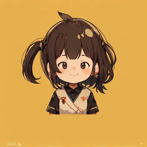 flat avatar, 1girl, soft_smile, upp er_body, simple background, short brown hair, earrings, short sleeves, wearing skirt