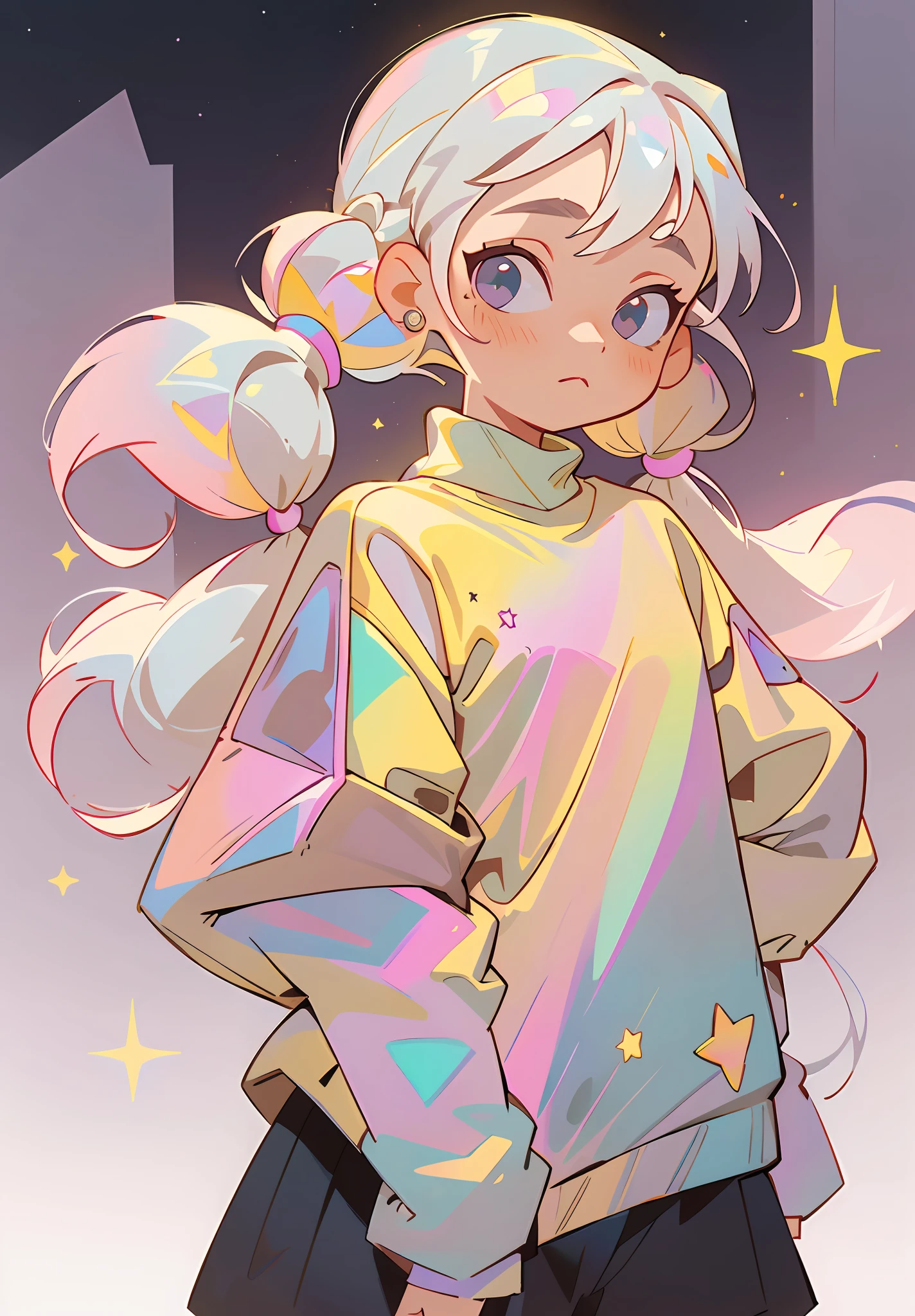 (Masterpiece, exquisite, with a plethora of details and the highest image quality) solo, 1girl, color gradient hair, platinum hair, pastel pink gradient platinum hair, loose sweater, star sweater, pastel yellow sweater, pigtails, scrunchies, minimalist background, starry sky, laser shining star