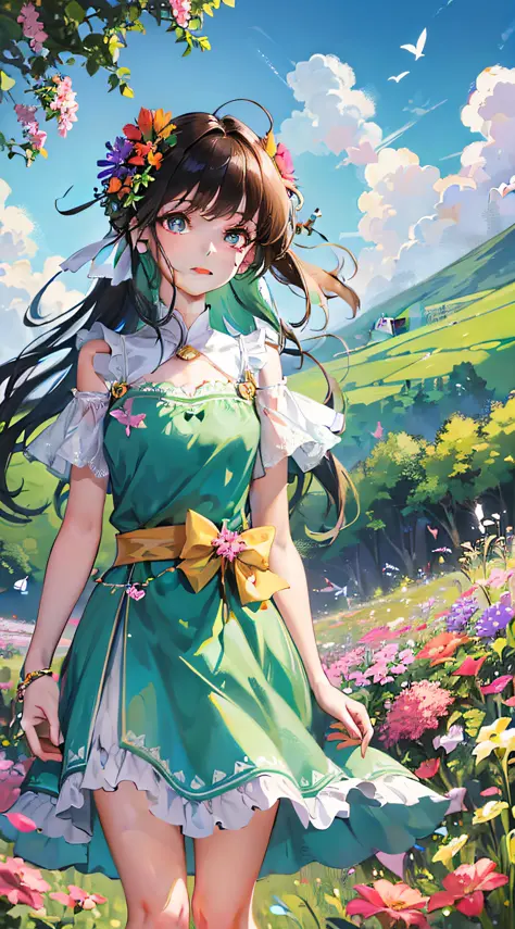 High Detail, Ultra Detail, Ultra High Resolution A cute and innocent girl enjoying her time in the open field, surrounded by the beauty of nature, warm sun sprinkling on her, wildflowers gently swaying in the breeze. Butterflies and birds flutter around he...
