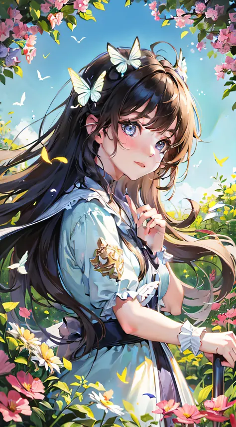 High Detail, Ultra Detail, Ultra High Resolution A cute and innocent girl enjoying her time in the open field, surrounded by the beauty of nature, warm sun sprinkling on her, wildflowers gently swaying in the breeze. Butterflies and birds flutter around he...