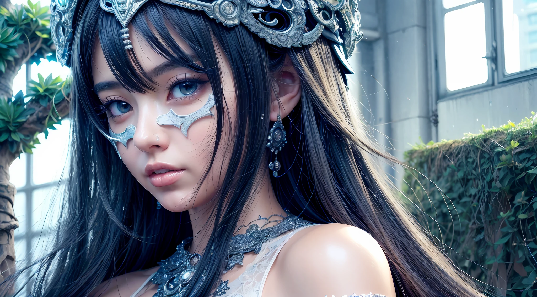 a close up of a woman with a mask on her head, detailed portrait of anime girl, stunning anime face portrait, intricate ornate anime cgi style, detailed digital anime art, digital manga art, detailed manga style, detailed anime face, black and white manga style, high detailed face anime, detailed anime art, beautiful anime face, detailed anime artwork,
