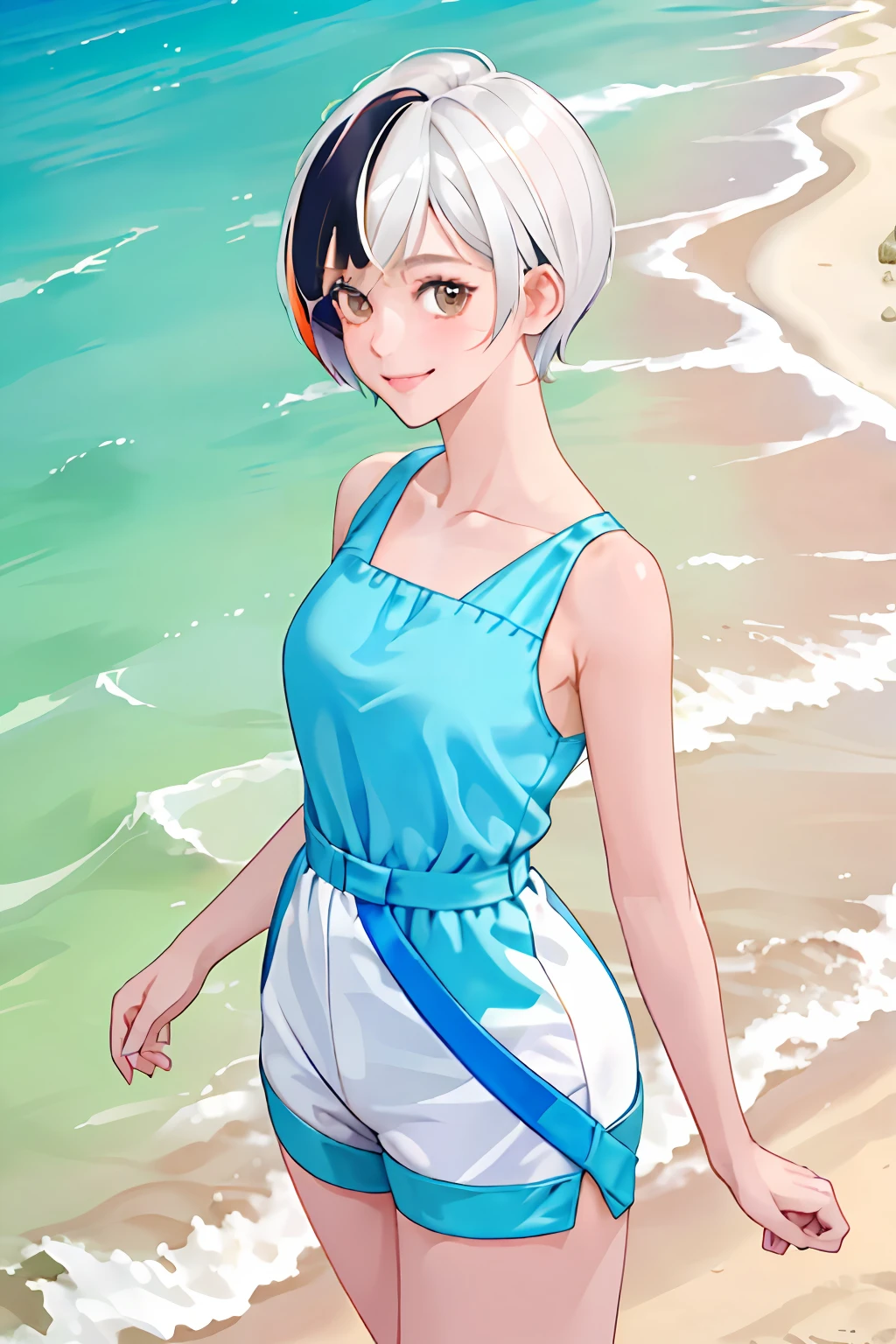 (masterpiece), best quality, 1girl, solo, smile,white playsuit(short-combine), pokies, (multicolor)short hair, gren eyes, short hair, beach, shiny skin:1.2,