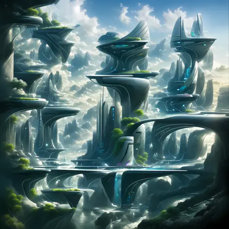 Airbrush drawing --v 5.1 style Futuristic design of an awesome sunny day environment concept art on a futuristic terrain with hu...