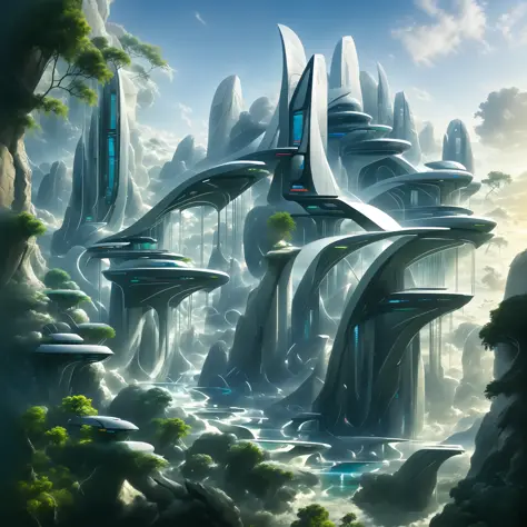 Airbrush drawing --v 5.1 style Futuristic design of an awesome sunny day environment concept art on a futuristic terrain with hu...