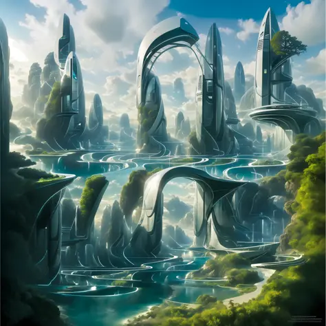 Airbrush drawing --v 5.1 style Futuristic design of an awesome sunny day environment concept art on a futuristic terrain with hu...