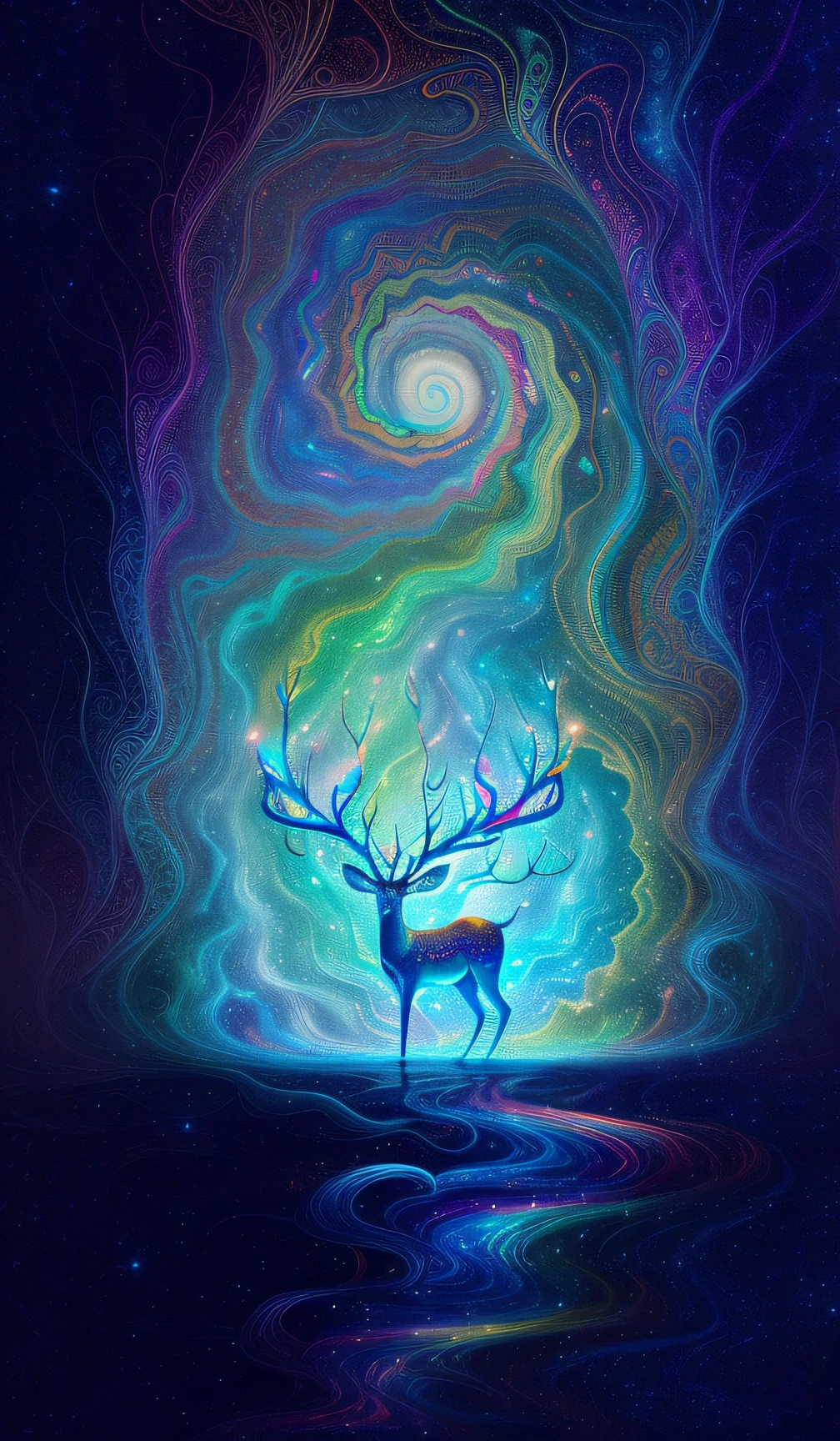 (Psychedelic painting of a deer standing in front of a colorful swirl), ((multi-slit big antlers, stag, big head)), light and shadow, waves, multi-layered, foreground, distant view, fractal Thunder Dan Mumford, Dan Mount Ford and Alex Gray style, psychedelic surreal art, surreal psychedelic design, fantasy art style, illusion psychedelic art, infinite psychedelic waves, inspired by Cyril Rolando, Real ripple structure, psychedelic art style, psychedelic art, psychedelic illustration--V6