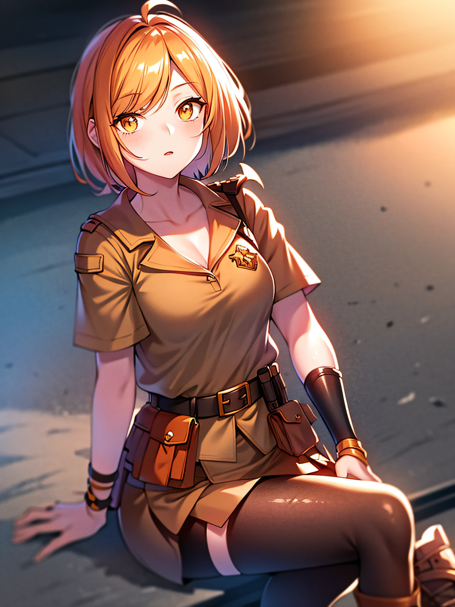 orange eyes light,richly faded light orange hair, anime 1girl, khaki t-shirt, khaki skirt, brown military boots, pouch on the waist belt, khaki bikini, "black tights", "dark_orange knee pad on right leg",( night city:1.4), black long cloak, (good hand:1.5 ) good legs, (Good face: 1.5), 1girl, best hand, no worst hand.