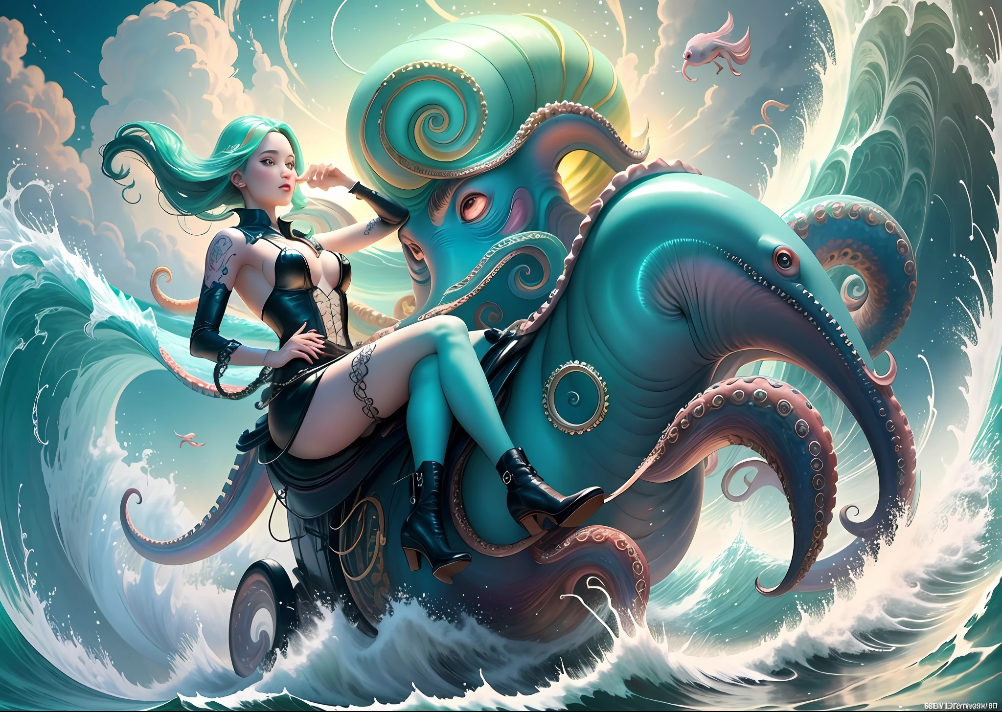 official art, Unity 8k wallpaper, super detailed, beautiful, beautiful, masterpiece, best quality,
Montage, Romance, 2 girls, 18 years old, (full nude: 1.5,), green hair, tattoos, (riding a giant octopus with octopus tentacles wrapped around the body: 1.8), stiletto heels, ((color refraction)), ((cinematic light)), (overexposure), huge waves