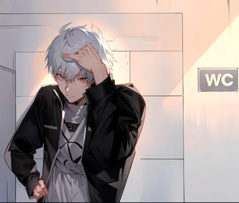 anime boy in black jacket standing in front of a wall, ken kaneki, 2 d anime style, at pixiv, kaneki ken, he has dark grey hairs...