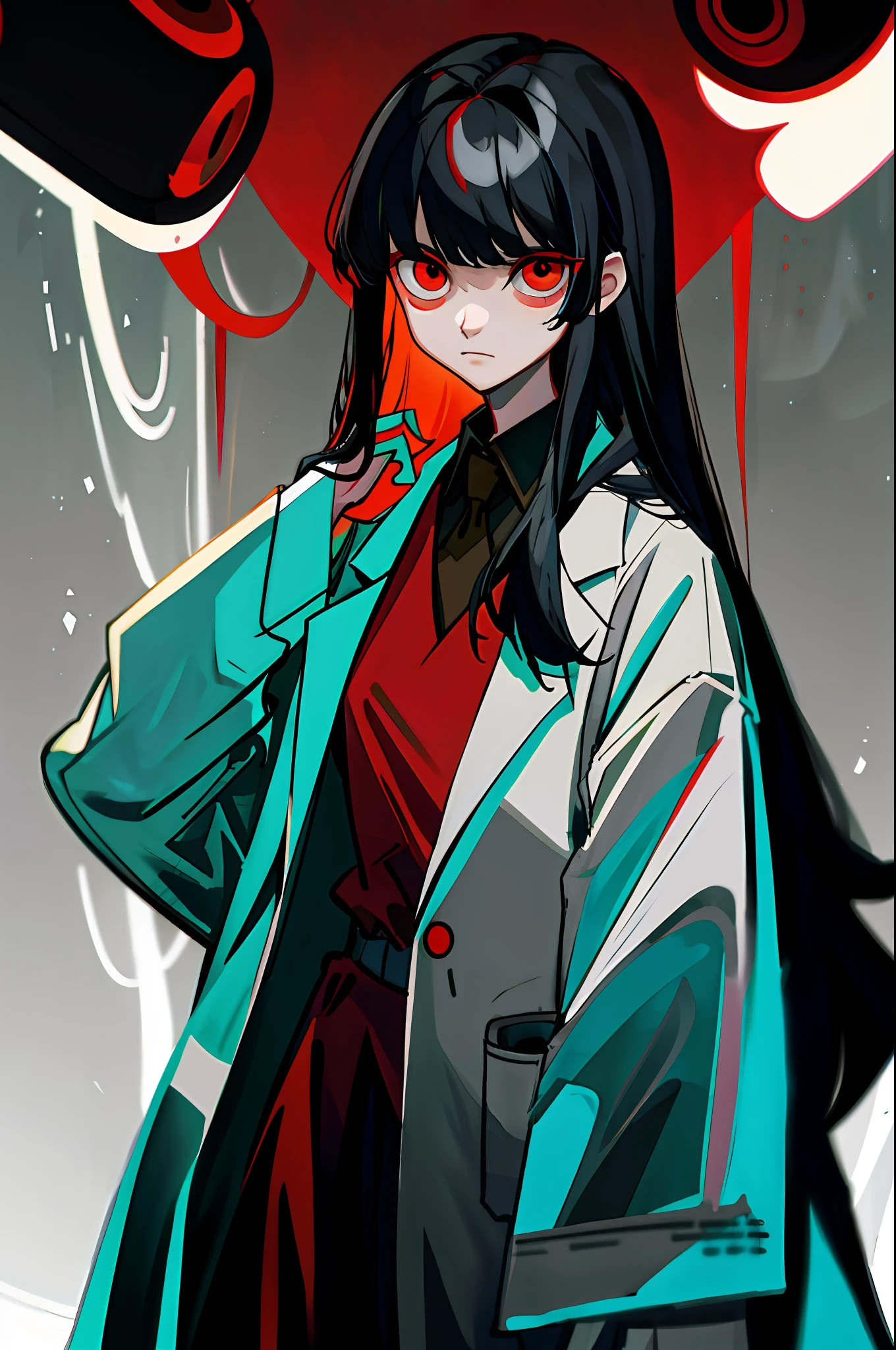 The end of the world, red eyes, black hair, bangs, cold eyes, lab coat, sides, long straight hair