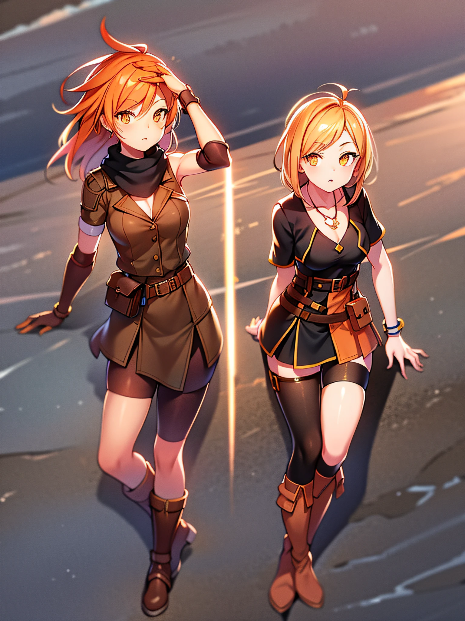 orange eyes light,richly faded light orange hair, anime 1girl, no  skirt, brown military boots, pouch on the waist belt, khaki bikini, "black tights", "dark_orange knee pad on right leg",( night city:1.4), black long cloak, (good hand:1.5 ) good legs, (Good face: 1.5), 1girl, best hand, no worst hand. without clothes