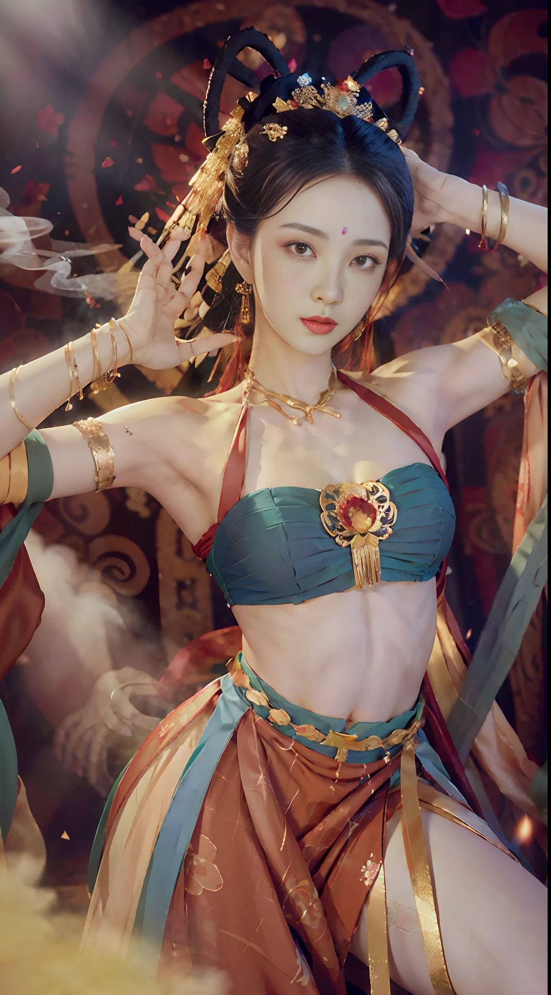 (8k, RAW photo, best quality, masterpiece: 1.2), (realistic, photorealistic photoreal: 1.4), (very detailed CG unity 8k wallpaper), (1 girl), dance, dunhuang_dress, dunhuang_style, dunhuang_background, arm up, gold jewelry, ancient Chinese hairstyle, tulle, streamers, light makeup, eyeshadow, eyebrow mole, (face), dynamic pose, Background smoke surrounding, red and green color scheme, petals flying, details, jewelry, earrings, bracelets, shoulders, complex textures, busts, guqin, pipa