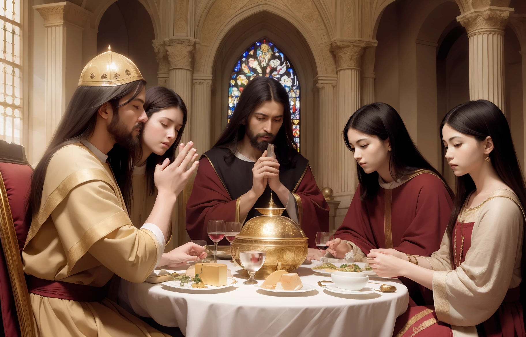 (masterpiece, best quality), a Holy Supper painting with a divine atmosphere, ultra-detailed, dynamic pose, warm light, peaceful and solemn, long dining table with a (multitude of dishes), (12 apostles) seated on both sides of the table, one of them is Jesus, who is (on a throne), the others are listening attentively to him, (holy grail) is placed on the table, it is filled with (red wine), (12 halos) above the heads of the apostles, (chapel) in the background, high-resolution, realistic oil painting.