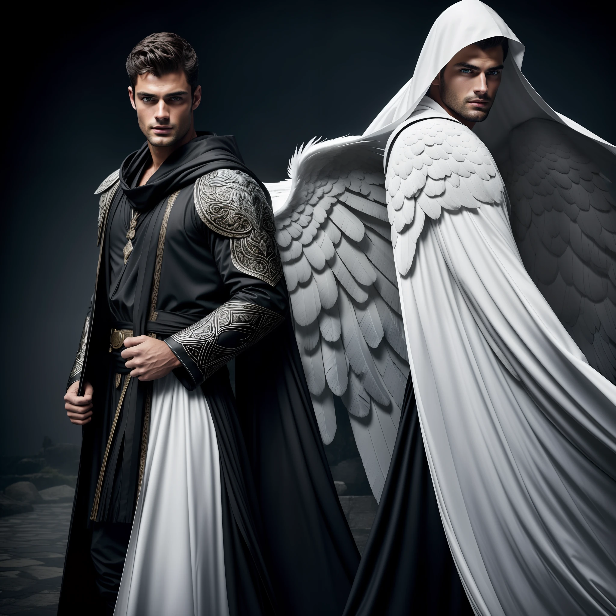 Man with large wings of white feathers on the back, Wearing Tunic and mysterious white hood, angel of the Mysteries, wizard, background medieval city rainy weather, Magician, large wings, Sean O'Pry, wearing beard, focus on the details of the face, serious and attractive man, wearing white tunic, magical and real effect, movie cover, powerful celestial warrior, similar to model Sean O'Pry,  Dark black image background, (8k, RAW photo, best quality, masterpiece: 1.2), (realistic, realistic photo: 1.37), professional lighting.