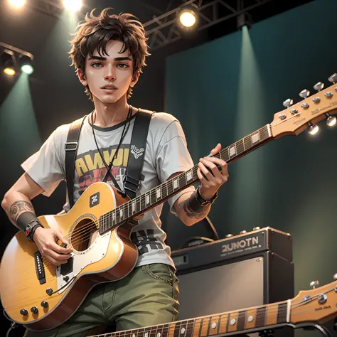 20 year old boy on stage with his guitar, cartoon, high definition, with many details, --auto --s2