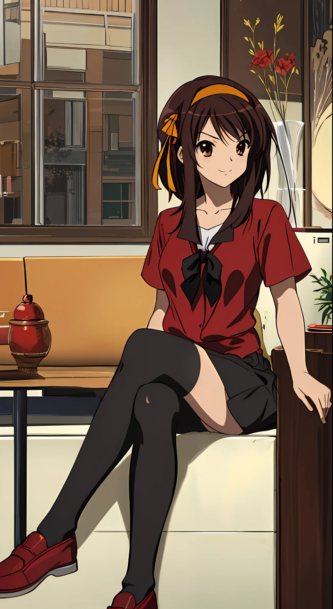 masterpiece, best quality, high definition, 1girl, solo, one, superhero, ((shirt, red shirt, black tie, red shirt with black tie: 1.2)), stockings, brown hair, short hair, brown eyes, hair headband, medium hair, ribbon, shoes, matching shoes, medium chest, sitting, smiling, in the room, Haruhi Suzumiya, Kyoi Haruhi style, autumn, winter, cloudy, very detailed face
