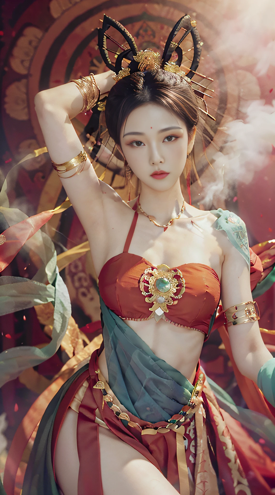 (8k, RAW photo, best quality, masterpiece: 1.2), (realistic, photorealistic photoreal: 1.4), (very detailed CG unity 8k wallpaper), (1 girl), dance, dunhuang_dress, dunhuang_style, dunhuang_background, arm up, gold jewelry, ancient Chinese hairstyle, tulle, streamers, light makeup, eyeshadow, eyebrow mole, (face), dynamic pose, Background smoke surrounding, red and green color scheme, petals flying, details, jewelry, earrings, bracelets, shoulders, complex textures, busts, guqin, pipa