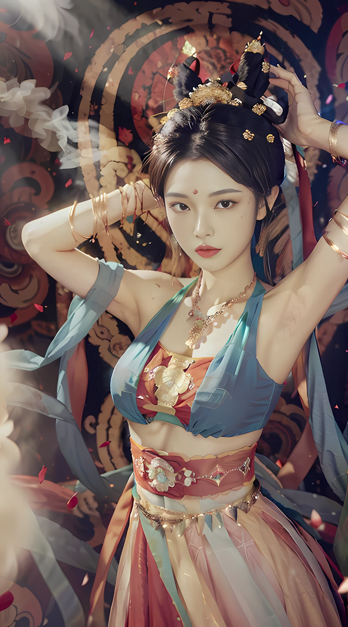 (8k, RAW photo, best quality, masterpiece: 1.2), (realistic, photorealistic photoreal: 1.4), (very detailed CG unity 8k wallpaper), (1 girl), dance, dunhuang_dress, dunhuang_style, dunhuang_background, arm up, gold jewelry, ancient Chinese hairstyle, tulle, streamers, light makeup, eyeshadow, eyebrow mole, (face), dynamic pose, Background smoke surrounding, red and green color scheme, petals flying, details, jewelry, earrings, bracelets, shoulders, complex textures, busts, guqin, pipa