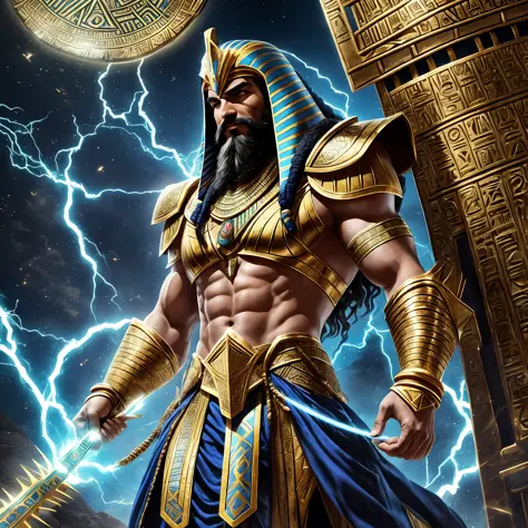 an image of an egyptian man in armor, God Anunnaki, Black beard and black hair, from the back of his head is blue and electricity, his eyes are shining blue, his beard is black and smooth like old Persian Achaemenid soldiers, muscular, his hand is electric...
