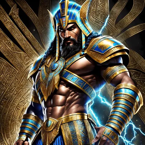 an image of an egyptian man in armor, God Anunnaki, Black beard and black hair, from the back of his head is blue and electricity, his eyes are shining blue, his beard is black and smooth like old Persian Achaemenid soldiers, muscular, his hand is electric...