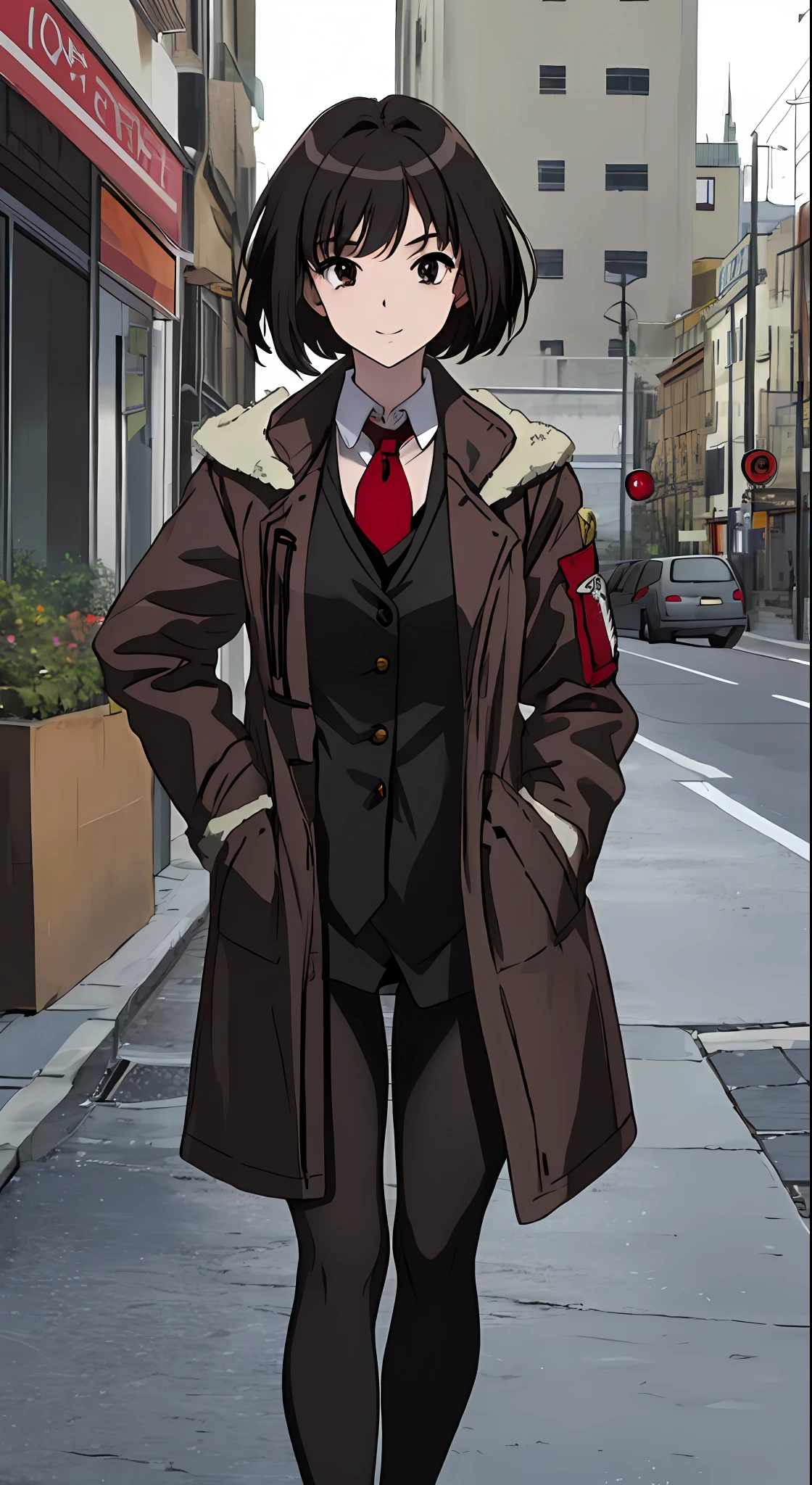 ((masterpiece)), (8k, high_resolution),(best quality), 1girl, solo, brown eyes, pale face, anemic face, bruises under the eyes, black hair, short hair, bob hairstyle, smile, look, street, city, outdoor, beautiful eyes and detailed face, medium breasts, hands in pockets, ((coat, red coat, black shirt, red tie, black tights: 1.2)), whole body