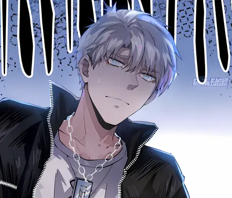 anime boy with white hair and black jacket standing in front of a blue sky, ken kaneki, he has dark grey hairs, kaneki ken, a si...