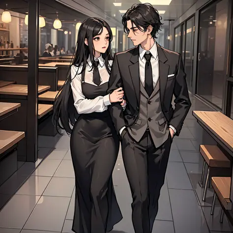 a man in a black suit (side hair type, high cold) and a woman in a white dress (long black hair, pretty,) walked into the restau...