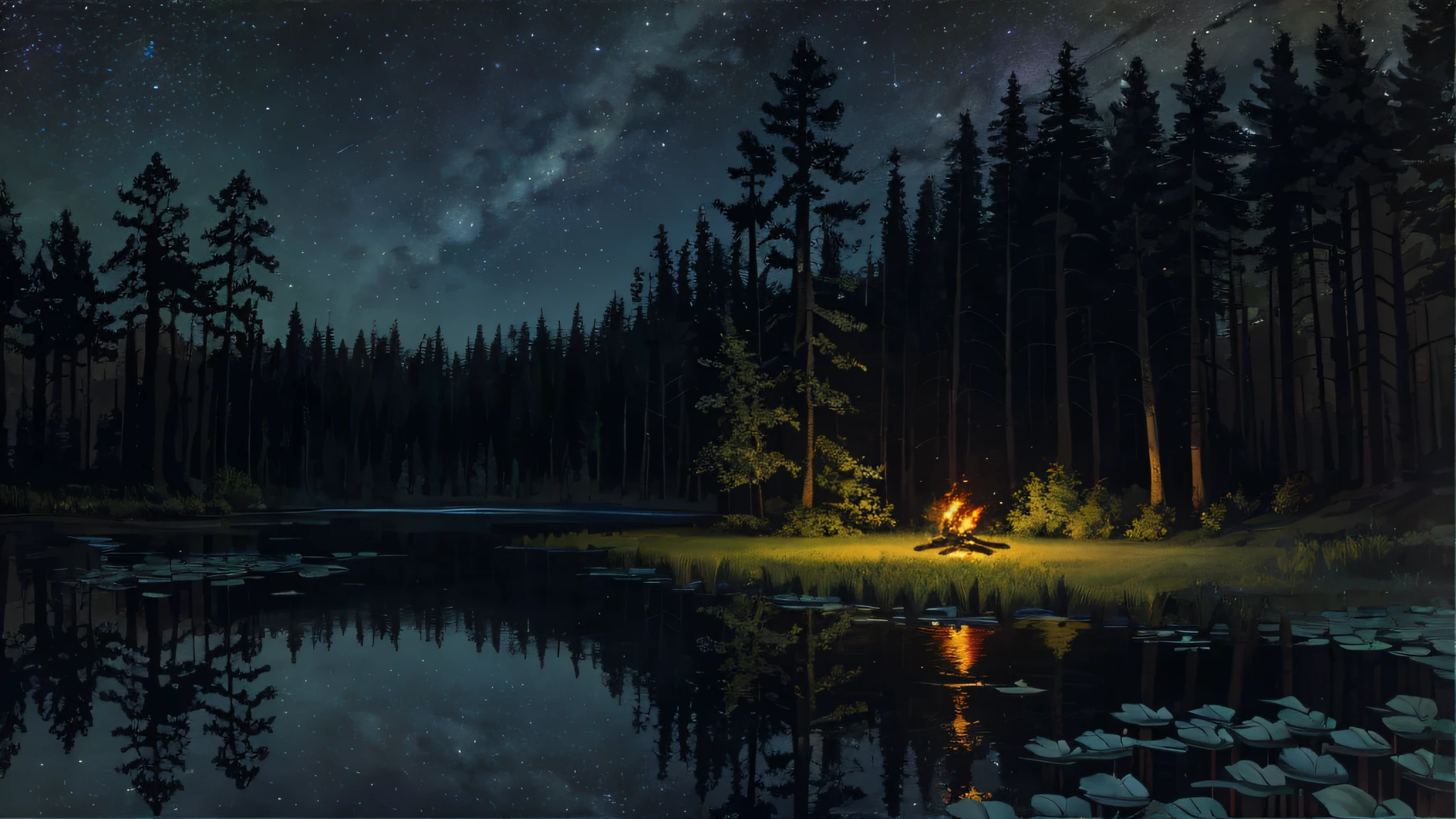 (Masterpiece), a man sitting on a left wood, forest, night sky, night, campfire, lakeside, Monet