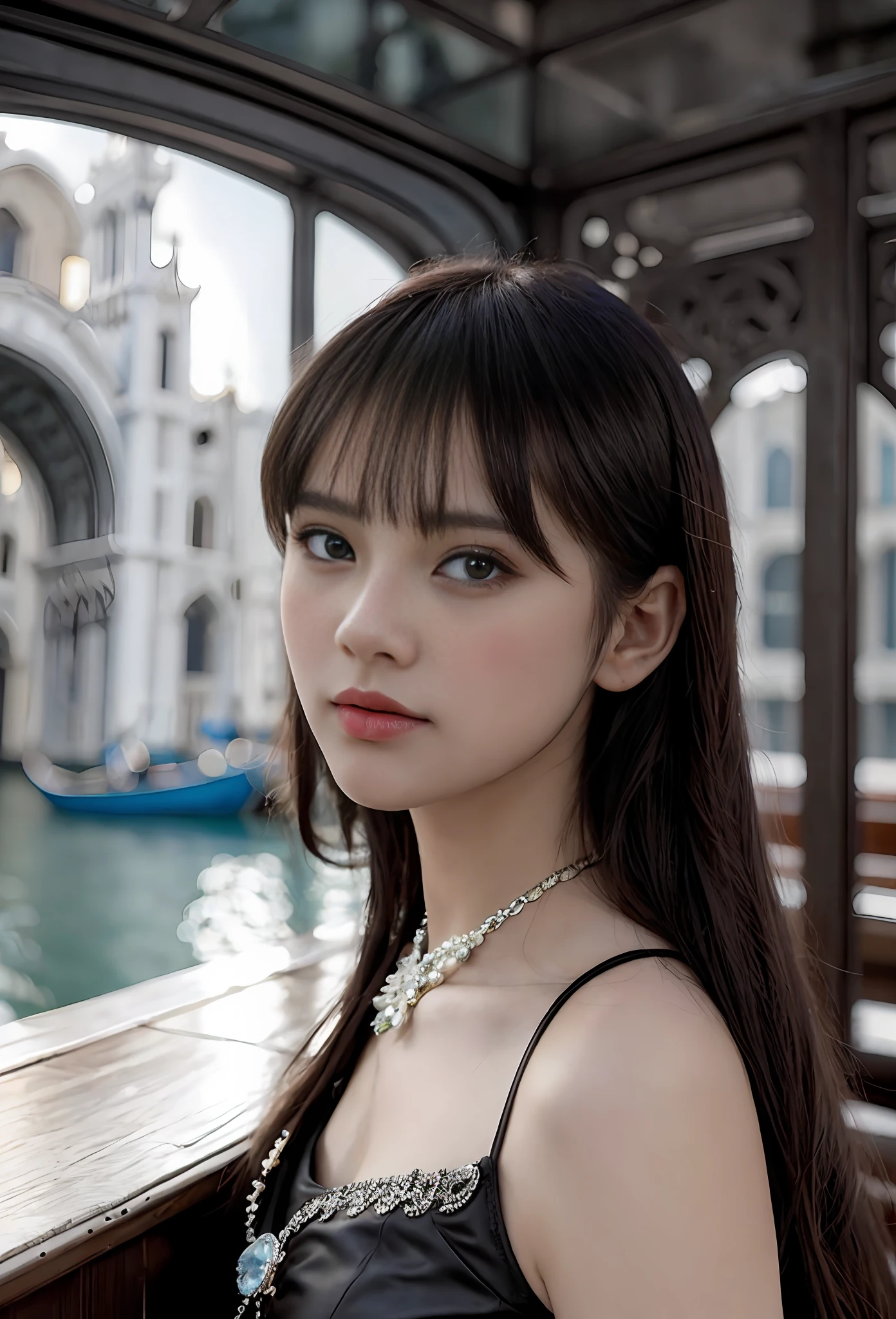 a hyper realistic ultra detailed photograph of a beautiful girl as a female 2020s dancer on the boat of 2020s Venice,(Bridge Of Sighs background),(princess eyes,shiny pupils), detailed symmetric beautiful hazel eyes, detailed gorgeous face, peaky blinders environemt, trending on cg society, bauhaus, bulgari, colourful atmosphere, official valentino editorial, moonlight, medium symmetry, neoprene, behance contest winner, portrait featured on unsplash, stylized digital art, smooth, ultra high definition, 8k, unreal engine 5, ultra sharp focus, award-winning photograph, Canon EOS 5D Mark IV DSLR, f/8, ISO 100, 1/250 second, TanvirTamim, trending on artstation, by artgerm, h. r. giger and beksinski, highly detailed, vibrant
