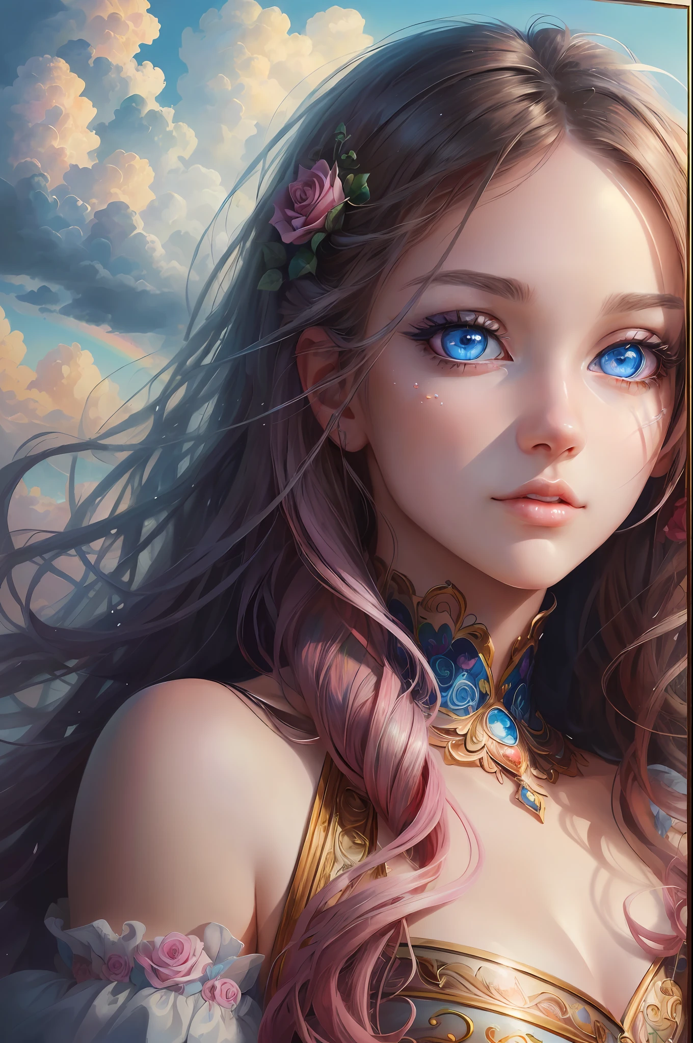 ( Absurd, High quality, ultra-detailed, masterpiece, concept art, smooth, highly detailed artwork, hyper-realistic painting )beautiful eyes(eyes detailed),1 pretty girl, Rose with pink, yellow, and blue color, Rainbow in sky, long hair, dreamy, clouds, Vivid, cute and fantasy, whole body